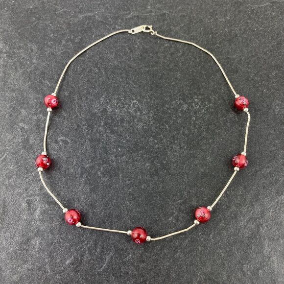 Red Floral Design Glass Bead Station Necklace | NWOT Sterling Silver 925 | 16" - Picture 5 of 6